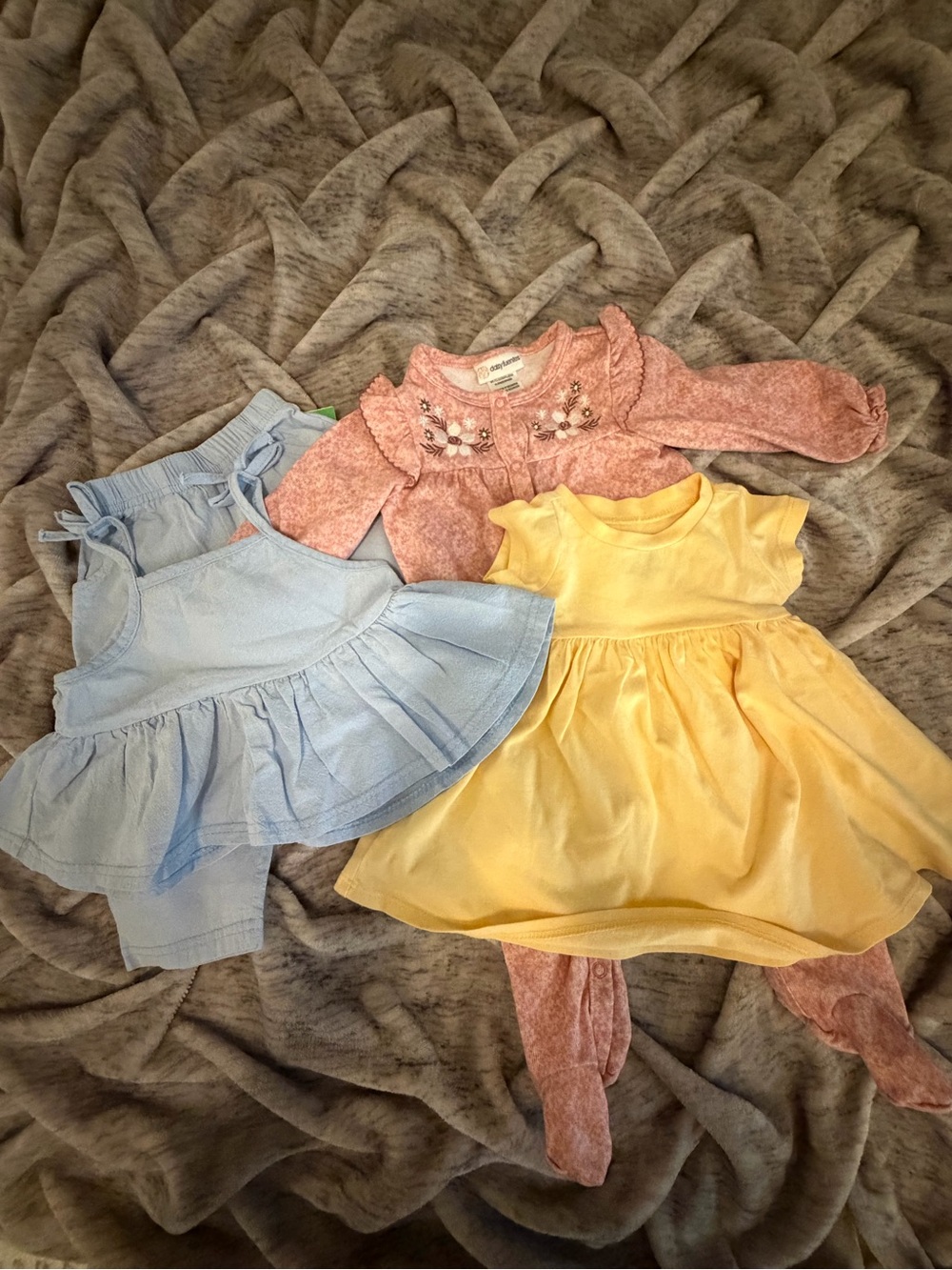 Baby Girl Outfits - Yellow Dress, Light Blue Pants/Top & Dusty Pink Footed